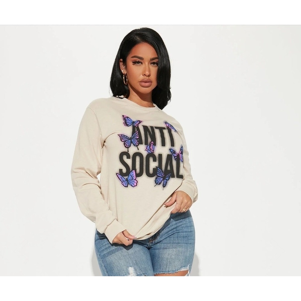 Fashion Nova Long Sleeve Shirt Womens Sz XL Beige Anti-social Butterflies NWOT